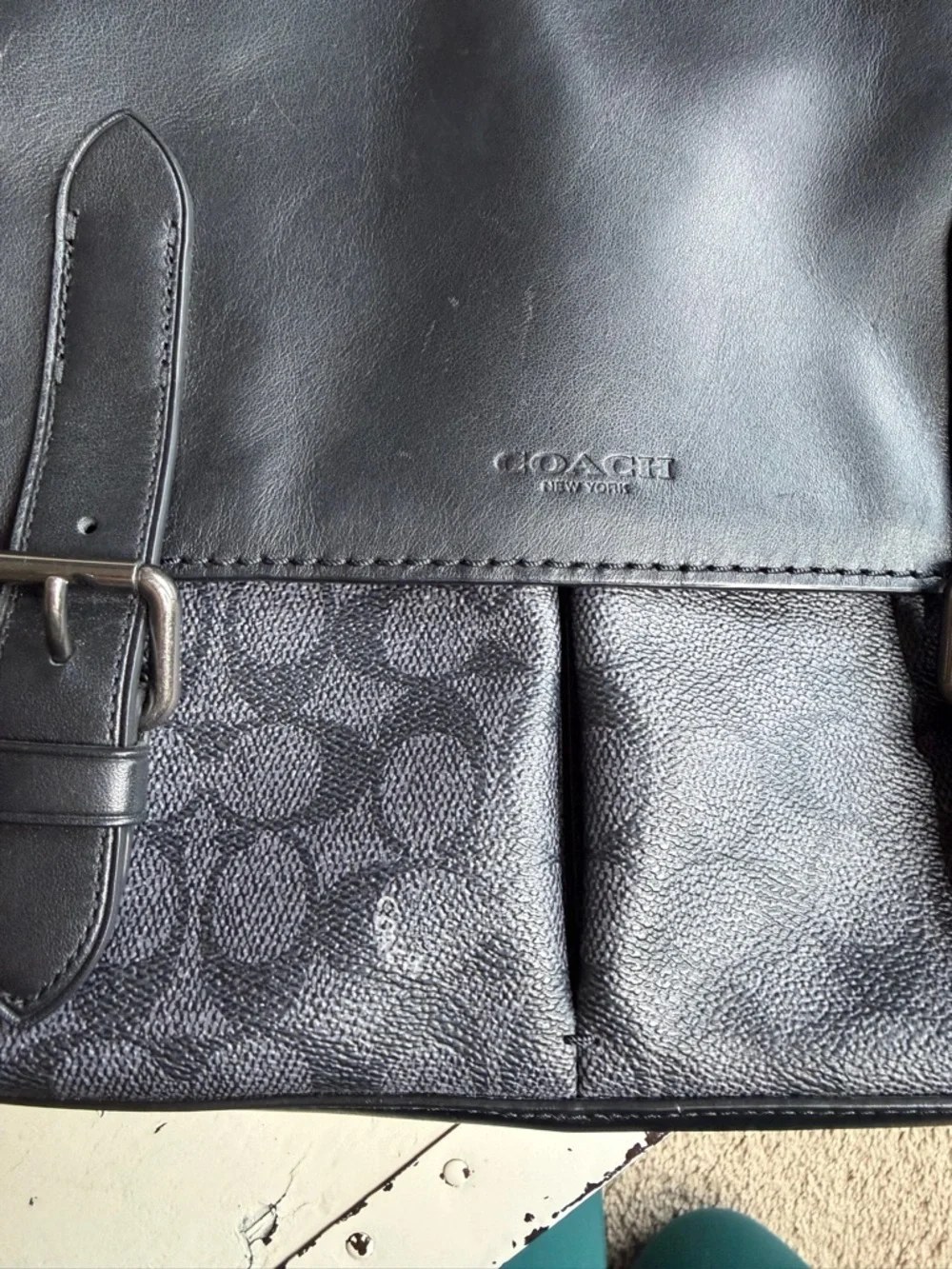 COACH Black‎ Gray Signature Canvas and Leather Messenger Bag Metropolitan Canvas